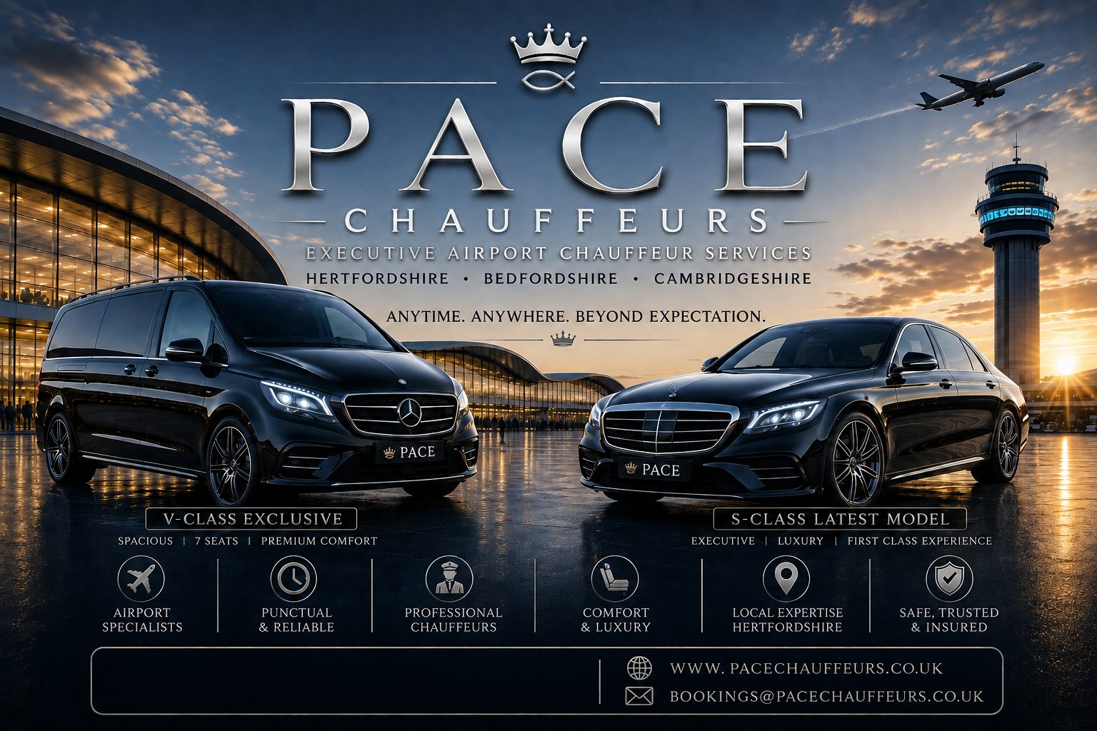 Pace Chauffeurs — executive airport chauffeur services, Mercedes V-Class and S-Class