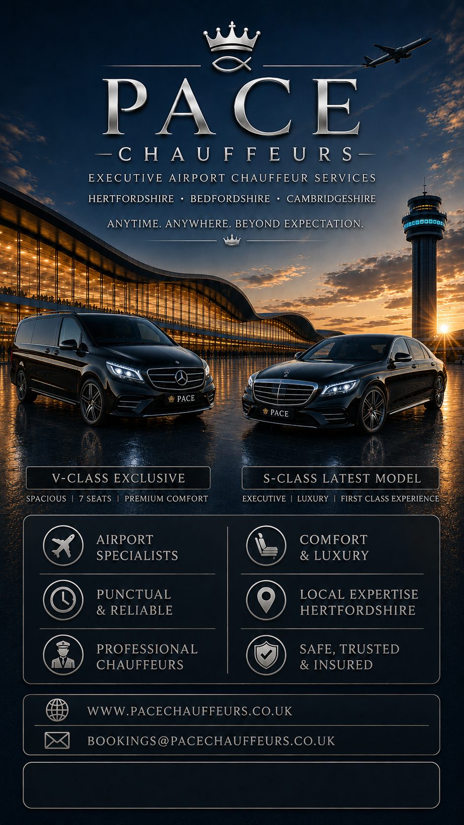 Pace Chauffeurs — executive airport chauffeur services, Mercedes V-Class and S-Class